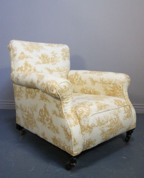 Antique Upholstered Armchair in Toile De Jouy