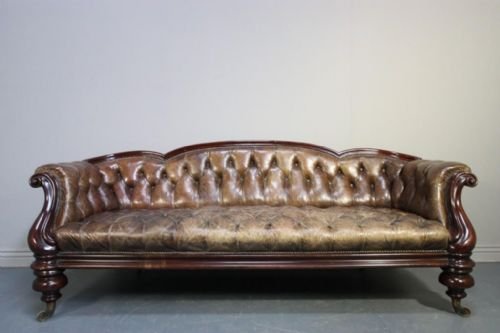 Handsome 19th C Antique Leather & Mahogany Sofa.