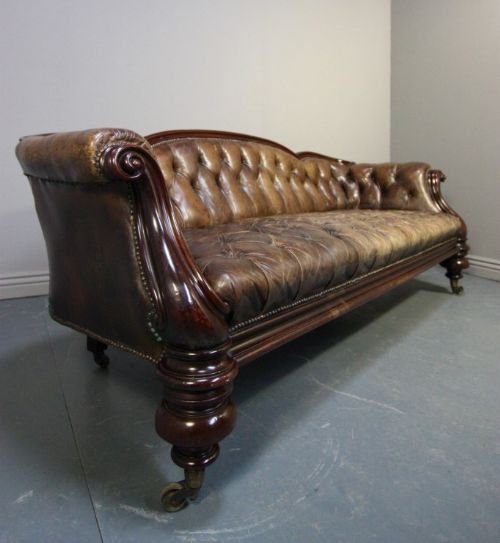 fig 1. Handsome 19th C Antique Leather & Mahogany Sofa.