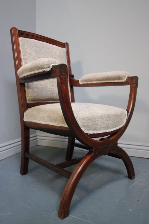 Antique Upholstered X Frame Walnut Armchair