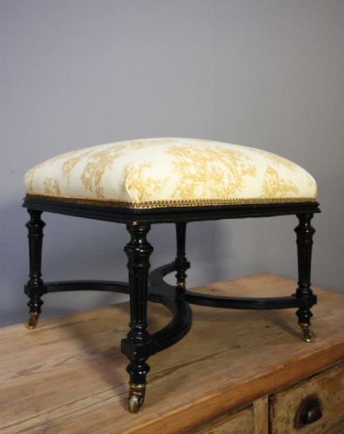 Beautiful Antique Ebonised & Upholstered Stool.