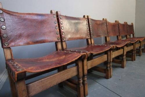 Set of Six Antique Oak & Leather Dining Chairs