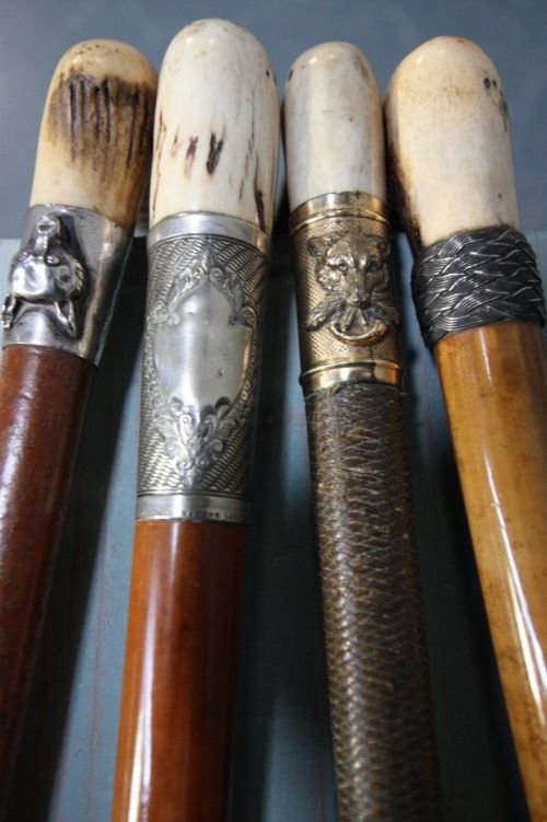 fig 1. Collection of Four Antique Silver Hunting Whips.