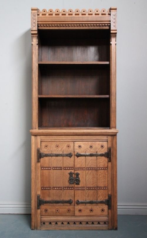 Superb Gothic Revival Style Antique Oak Bookcase