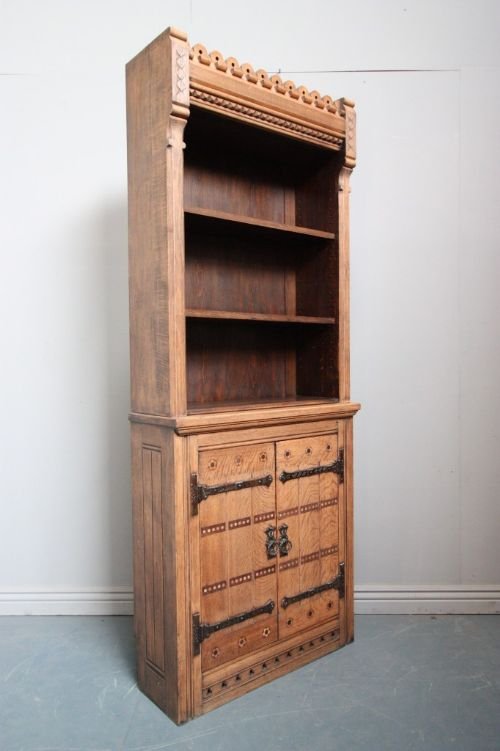fig 1. Superb Gothic Revival Style Antique Oak Bookcase