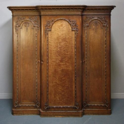 Antique Painted Pine Breakfronted Triple Wardrobe