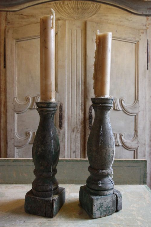 Pair of Georgian Antique Oak Column Candlesticks.