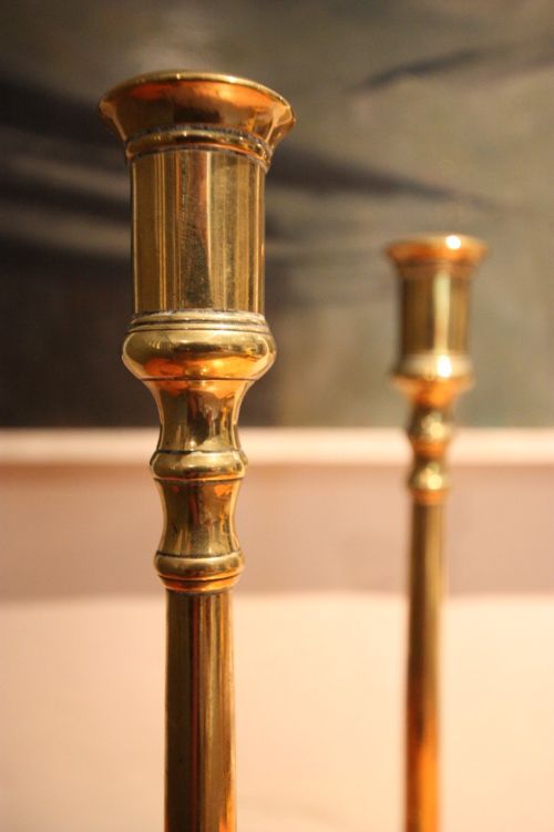 fig 1. Pair of Georgian Antique Tall Brass Candlesticks.