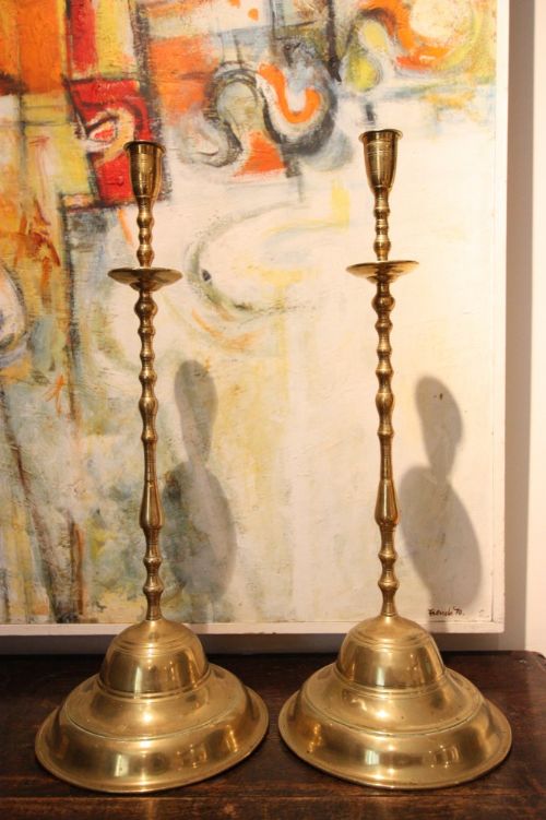 Large Pair of Victorian Antique Brass Candlesticks.