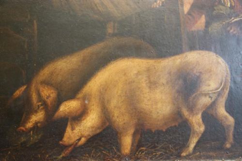 Primitive Antique Pig Oil Painting in Gilt Frame/george Morland.