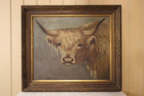 Beautiful Antique Oil Painting of Highland Bullock
