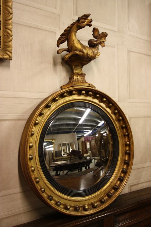 Regency English Gilt Convex Mirror with Hippo Camp
