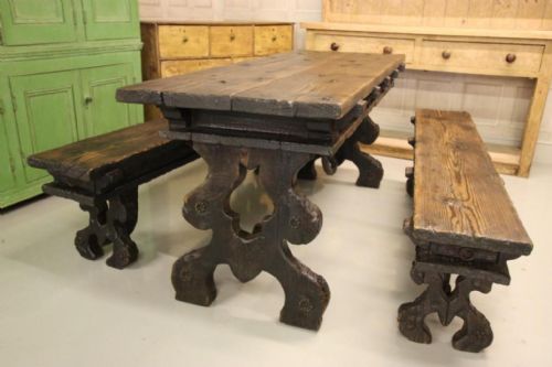 Edwardian Antique Pine Dining Table & Benches