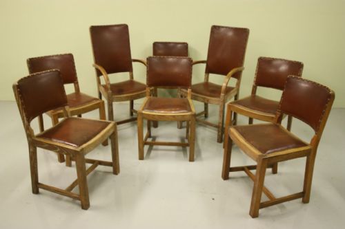 Set of Eight English Antique Oak Dining Chairs.