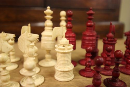 Full Set of 19th Century Antique Bone Chess Pieces