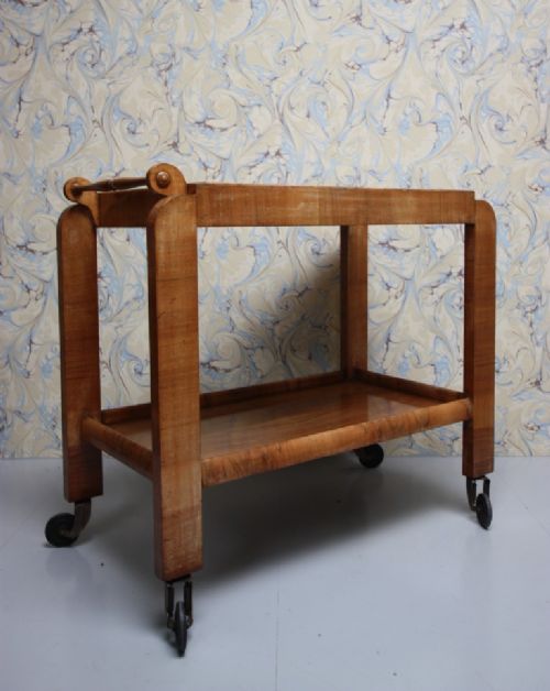Quality English Art Deco Walnut Drinks Trolley