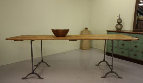 English Iron & Pine Antique Trestle Dining Table