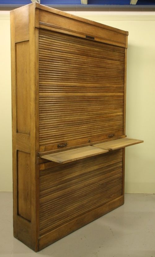 Large English Antique Oak Tambour Fronted Cabinet