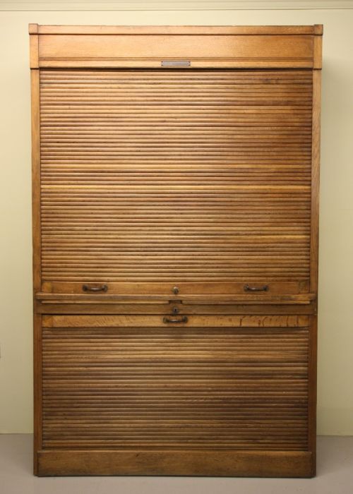fig 1. Large English Antique Oak Tambour Fronted Cabinet