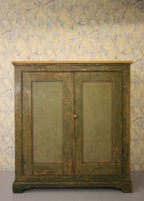 Original Green Painted Antique Pine Cupboard.