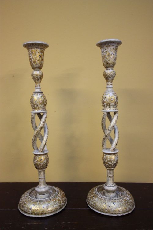 Pair of Large Antique Kashmir Candlesticks