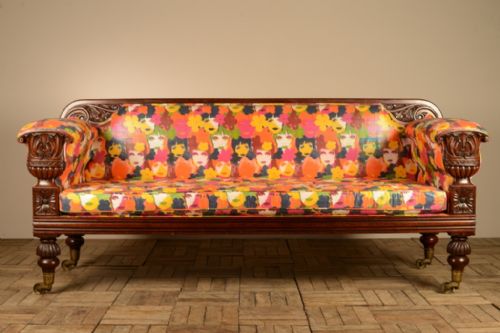 Regency Antique Mahogany Sofa in Zany Fabric