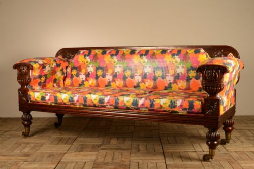 fig 1. Regency Antique Mahogany Sofa in Zany Fabric