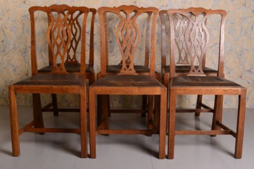 Set of Six Antique Chippendale Style Oak Dining Chairs