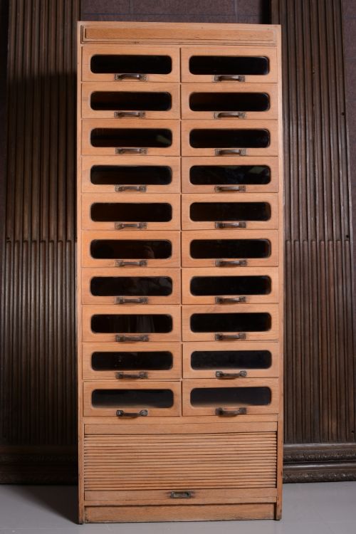 fig 1. Edwardian Antique Oak Haberdashery Cabinet.