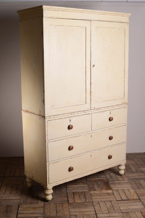 English Antique Painted Pine Linen Press Cupboard
