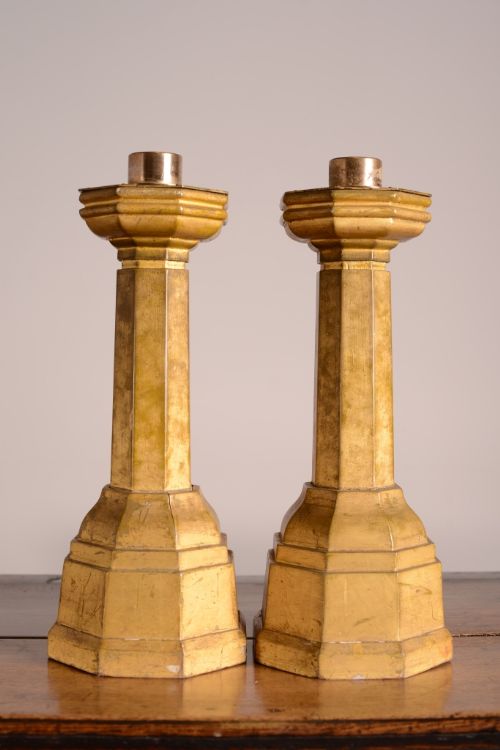 Pair of Octagonal Antique Gilt Candlesticks