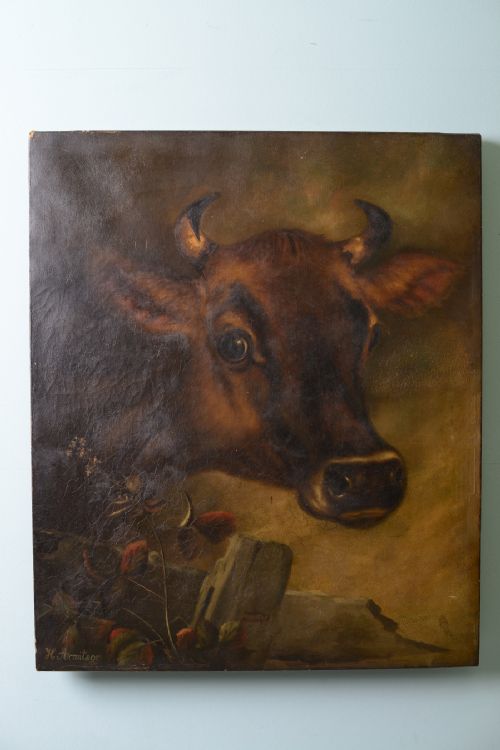 fig 1. 19th Century Antique Jersey Cow Oil Painting.