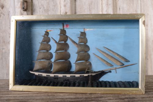 19th Century Ship Diorama in Glazed Display.