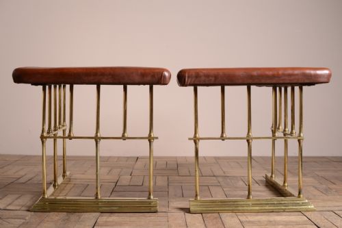 Pair of English Antique Brass & Leather Club Fenders.