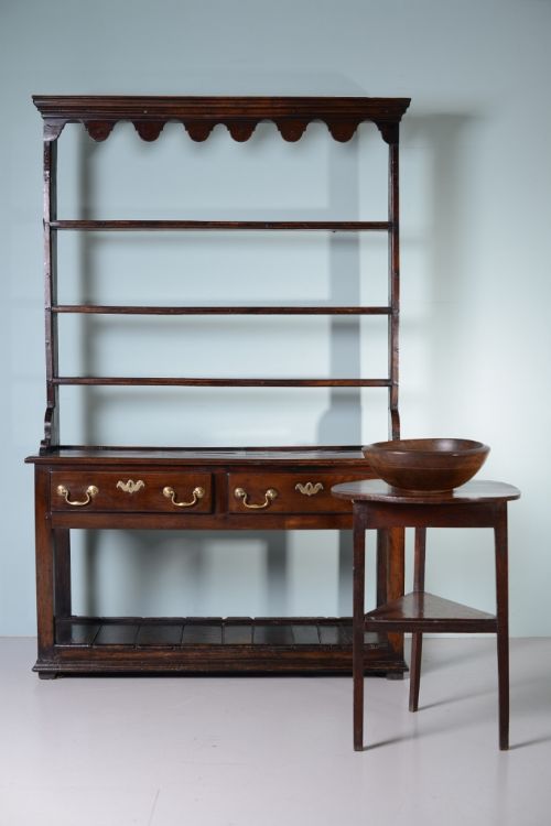 fig 1. 18th Century Antique Oak Potboard Dresser with Rack