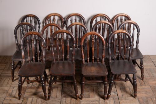 Set of 14 English Antique Kitchen Dining Chairs.
