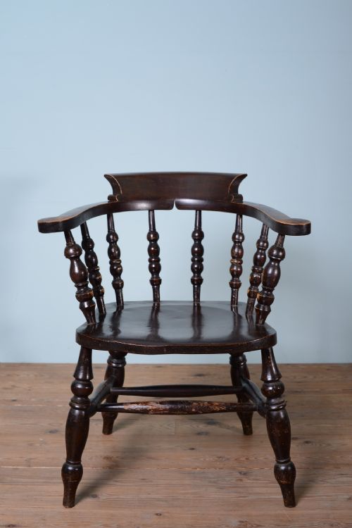 fig 1. Four 19th Century Antique Elm Captains Dining Chairs. 