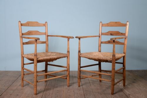 fig 1. Pair of Antique Elm Carver Armchairs by Ernest Gimson