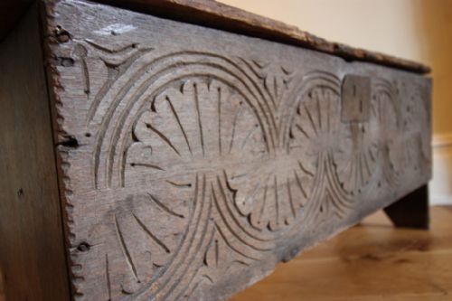 fig 1. 18th Century Antique Oak Plank Coffer.