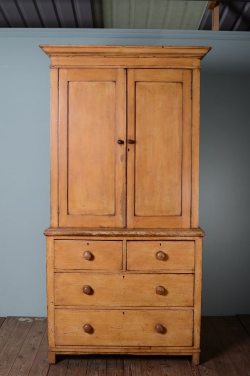 19th Century Painted Pine Linen Press Cupboard.
