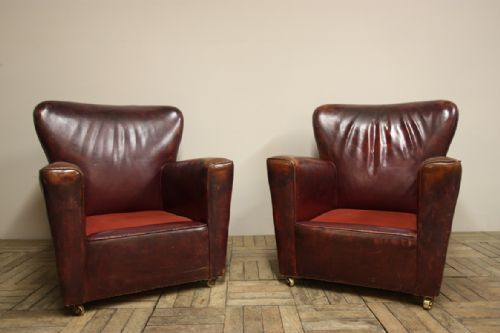Pair of 1930'S English Leather Armchairs. With Cushions.