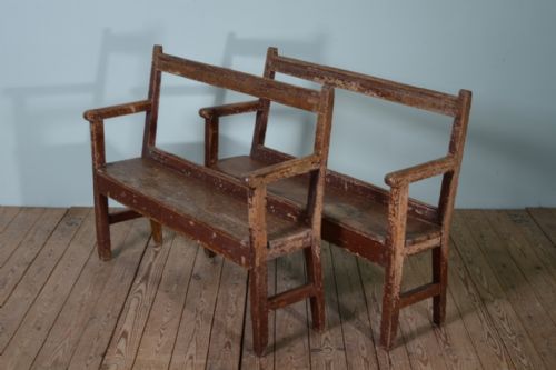 Pair of Antique Pine Benches in Original Paint.