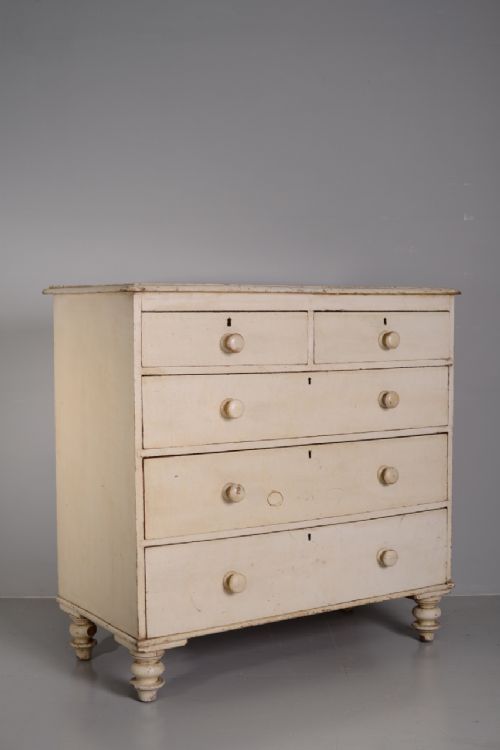 English Antique Pine Chest of Drawers in Original Cream Paint.