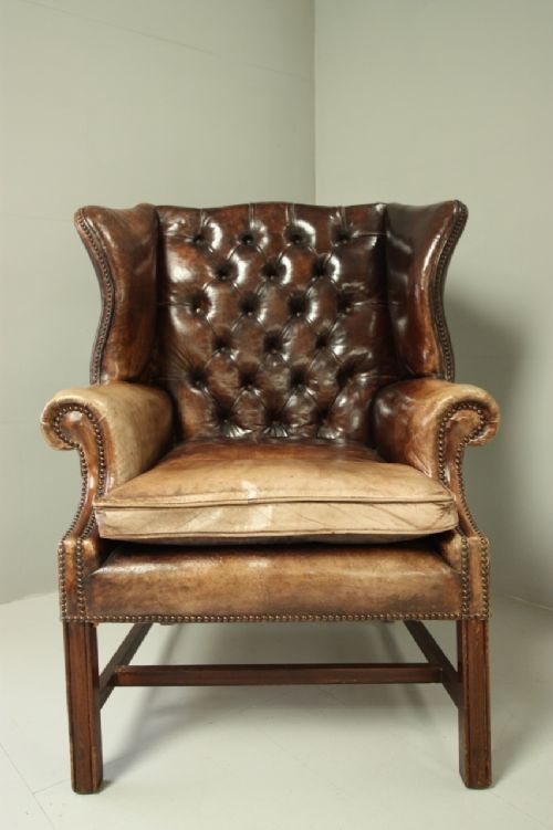 fig 1. Large Edwardian Antique Leather Wing Armchair.