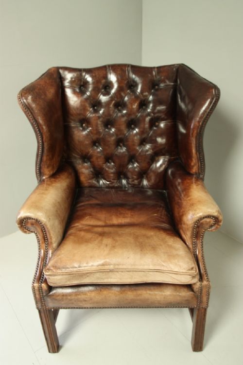fig 2. Large Edwardian Antique Leather Wing Armchair.