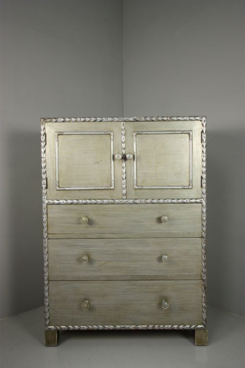 fig 1. 1920's Heals Tall Boy Cupboard in Original Silver Paint.