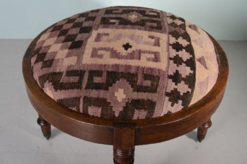 Large William IV Antique Oak Circular Footstool in Kelim.