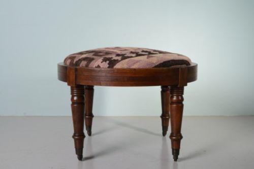 fig 1. Large William IV Antique Oak Circular Footstool in Kelim.