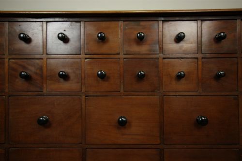 fig 1. Impressive Antique Mahogany Apothecary Bank of Drawers.