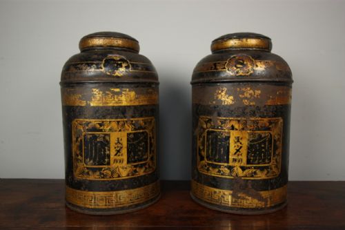 Pair of English 19th Century Antique Chinoiserie Tea Tins